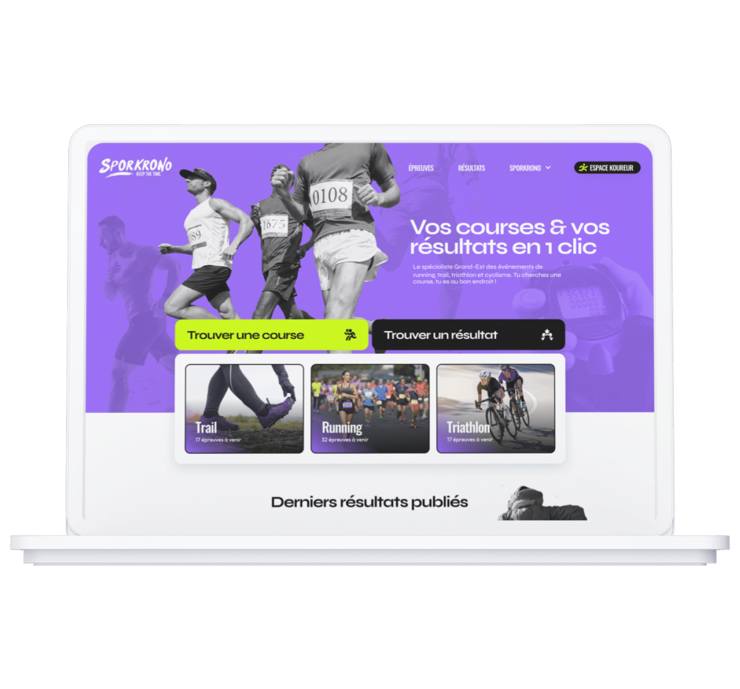 Sporkrono, client de l'agence digitale Data Projekt - Création du logo, création du site web éco-conçu, développement sur mesure d'un espace privé, ...